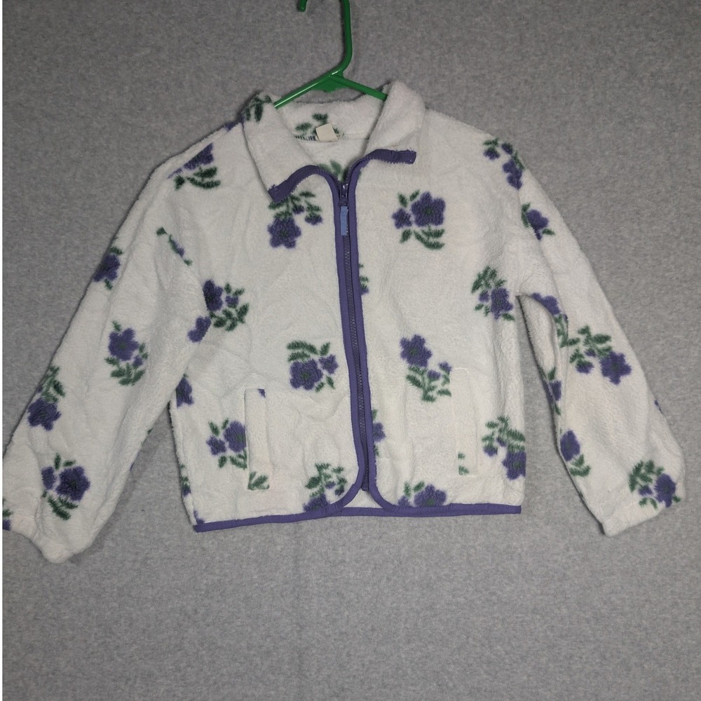 Crewcuts Fleece Jacket Kids M 8-9 White Purple Floral Full Zip Sherpa Cozy